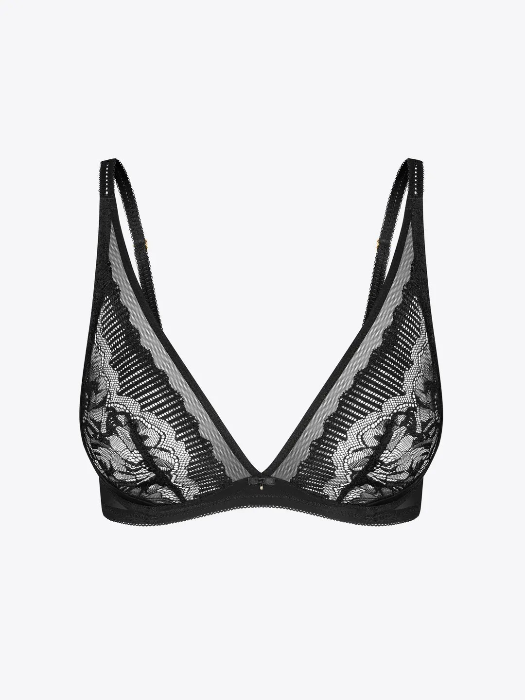 Melns trijstūra formas krūšturis ar dziļu izgriezumu, ar mežģīņu detaļām, bez polsterējuma.